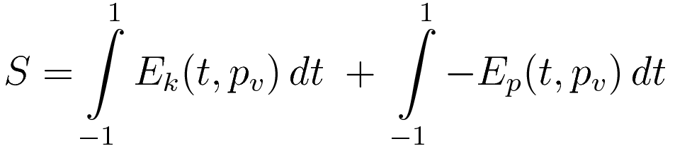 S = \int\limits_{-1}^{1} E_k(t,p_v) \, dt \; + \; \int\limits_{-1}^{1} -E_p(t,p_v) \, dt