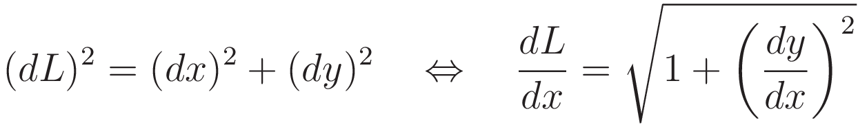 (dL)^2=(dx)^2+(dy)^2 \quad \Leftrightarrow \quad \frac{dL}{dx} = \sqrt{1 + \left(\frac{dy}{dx}\right)^2}