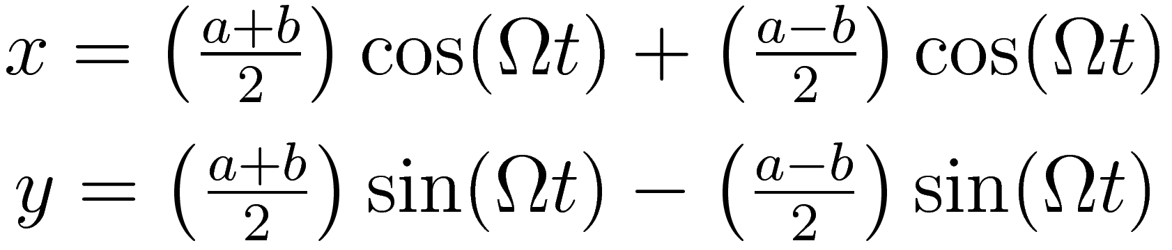\begin{matrix}
x = \left(\frac{a+b}{2}\right)\cos(\Omega t) + \left(\frac{a-b}{2}\right)\cos(\Omega t) \\
y =\left(\frac{a+b}{2}\right)\sin(\Omega t) - \left(\frac{a-b}{2}\right)\sin(\Omega t)
\end{matrix}