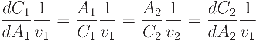 \frac{dC_1}{dA_1}\frac{1}{v_1} = \frac{A_1}{C_1}\frac{1}{v_1} = \frac{A_2}{C_2}\frac{1}{v_2}  = \frac{dC_2}{dA_2}\frac{1}{v_1}