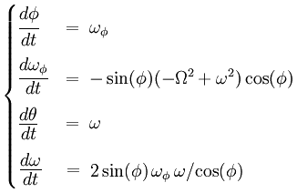 \begin{cases}
\cfrac{d\phi}{dt}      & = \; \omega_\phi   \\
\cfrac{d\omega_\phi}{dt}    & = \; - \sin (\phi)  ( - \Omega^2 + \omega^2 ) \cos(\phi)    \\
\cfrac{d\theta}{dt} & = \; \omega  \\
\cfrac{d\omega}{dt} & = \; 2 \sin(\phi) \omega_\phi \omega/\! \cos(\phi)  \\
\end{cases}