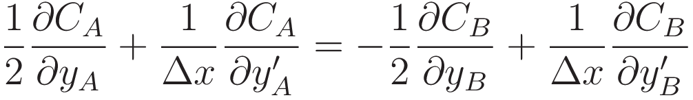 \frac{1}{2}\frac{\partial C_A}{\partial y_A} +
\frac{1}{\Delta x}\frac{\partial C_A}{\partial y'_A} =
- \frac{1}{2}\frac{\partial C_B}{\partial y_B} +
\frac{1}{\Delta x}\frac{\partial C_B}{\partial y'_B}