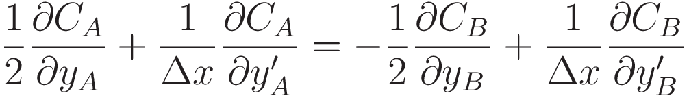 \frac{1}{2}\frac{\partial C_A}{\partial y_A} +
\frac{1}{\Delta x}\frac{\partial C_A}{\partial y'_A} =
- \frac{1}{2}\frac{\partial C_B}{\partial y_B} +
\frac{1}{\Delta x}\frac{\partial C_B}{\partial y'_B} 
